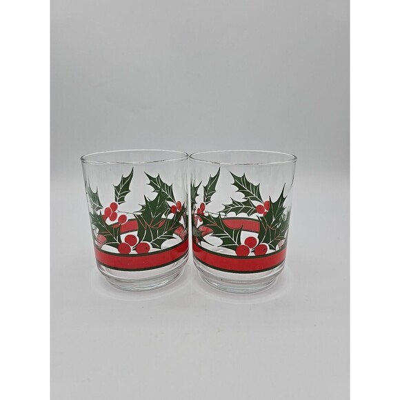 Vintage Set of (2) LIBBY Holly & Berries Ribbon 4" Old Fashioned Rocks Glasses - Picture 3 of 8